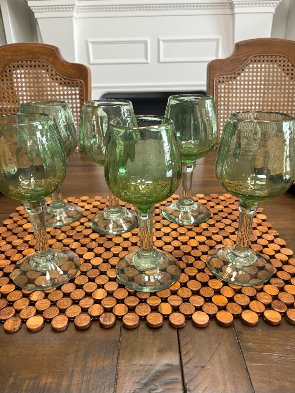 Six vintage hand blown green studio wine goblets